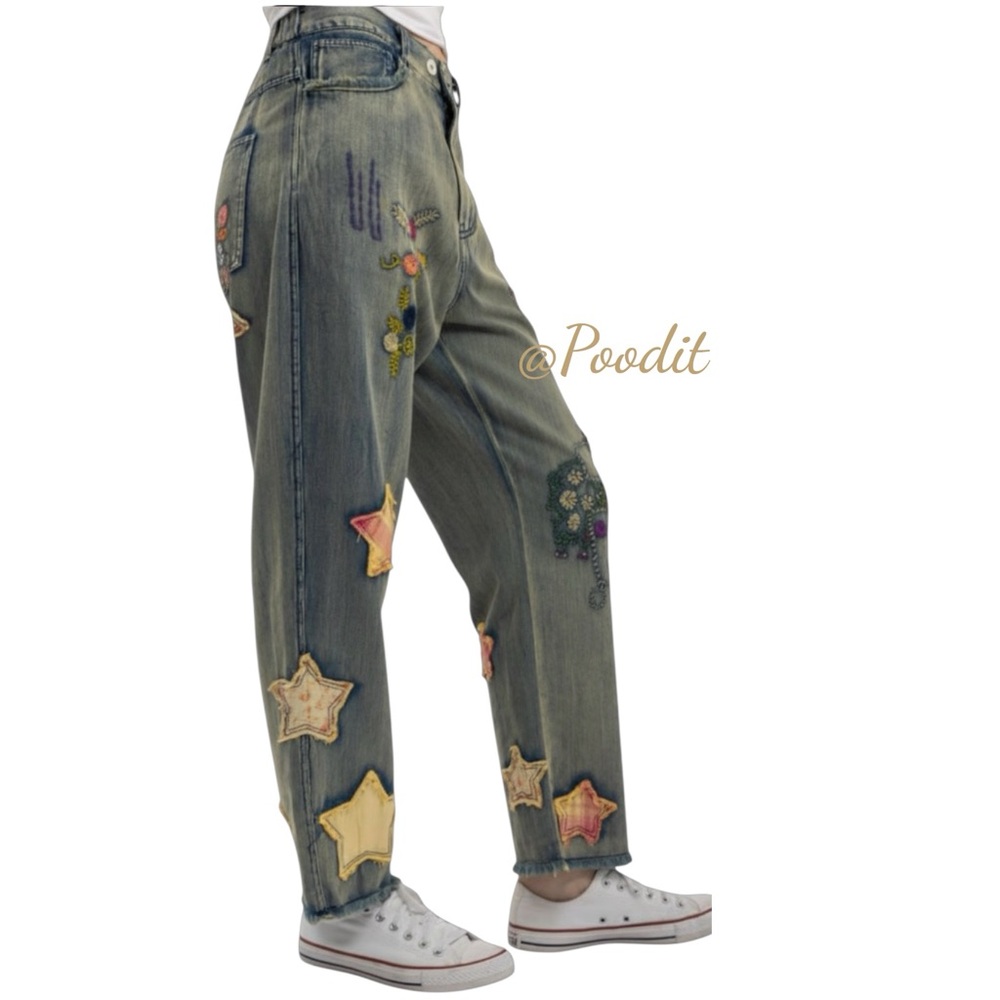 BLUE VELVET patchwork embroidery relaxed fit fray hem washed out jeans sz MEDIUM - Picture 4 of 14